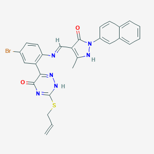 molecular formula C27H21BrN6O2S B474935 6-[5-bromo-2-[(5-methyl-2-naphthalen-2-yl-3-oxo-1H-pyrazol-4-yl)methylideneamino]phenyl]-3-prop-2-enylsulfanyl-2H-1,2,4-triazin-5-one 