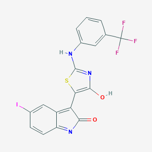 molecular formula C18H9F3IN3O2S B474946 5-iodo-3-(4-oxo-2-{[3-(trifluoromethyl)phenyl]imino}-1,3-thiazolidin-5-ylidene)-1,3-dihydro-2H-indol-2-one 