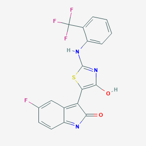 (3Z)-5-fluoro-3-[(2Z)-4-oxo-2-{[2-(trifluoromethyl)phenyl]imino}-1,3-thiazolidin-5-ylidene]-1,3-dihydro-2H-indol-2-one