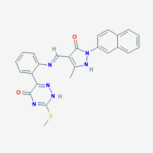 molecular formula C25H20N6O2S B475022 6-[2-[(5-methyl-2-naphthalen-2-yl-3-oxo-1H-pyrazol-4-yl)methylideneamino]phenyl]-3-methylsulfanyl-2H-1,2,4-triazin-5-one 