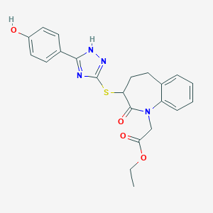 molecular formula C22H22N4O4S B475046 ethyl (3-{[5-(4-hydroxyphenyl)-4H-1,2,4-triazol-3-yl]sulfanyl}-2-oxo-2,3,4,5-tetrahydro-1H-1-benzazepin-1-yl)acetate 