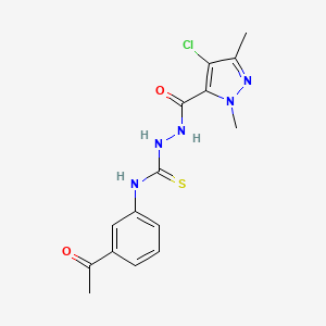 molecular formula C15H16ClN5O2S B4750476 N-(3-acetylphenyl)-2-[(4-chloro-1,3-dimethyl-1H-pyrazol-5-yl)carbonyl]hydrazinecarbothioamide 