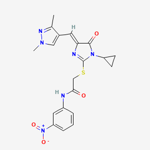 molecular formula C20H20N6O4S B4750819 2-({1-cyclopropyl-4-[(1,3-dimethyl-1H-pyrazol-4-yl)methylene]-5-oxo-4,5-dihydro-1H-imidazol-2-yl}thio)-N-(3-nitrophenyl)acetamide 