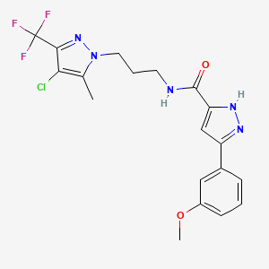 molecular formula C19H19ClF3N5O2 B4751295 N-{3-[4-chloro-5-methyl-3-(trifluoromethyl)-1H-pyrazol-1-yl]propyl}-5-(3-methoxyphenyl)-1H-pyrazole-3-carboxamide 