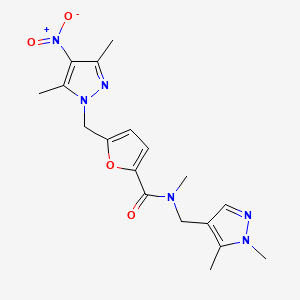 molecular formula C18H22N6O4 B4751809 5-[(3,5-dimethyl-4-nitro-1H-pyrazol-1-yl)methyl]-N-[(1,5-dimethyl-1H-pyrazol-4-yl)methyl]-N-methyl-2-furamide 