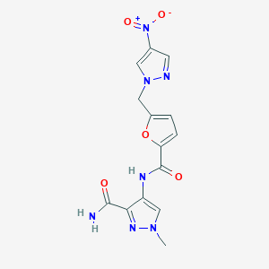 molecular formula C14H13N7O5 B4752601 1-methyl-4-({5-[(4-nitro-1H-pyrazol-1-yl)methyl]-2-furoyl}amino)-1H-pyrazole-3-carboxamide 