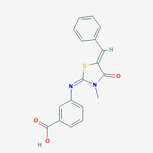 molecular formula C18H14N2O3S B475299 3-[(5-Benzylidene-3-methyl-4-oxo-1,3-thiazolidin-2-ylidene)amino]benzoic acid CAS No. 443876-37-7