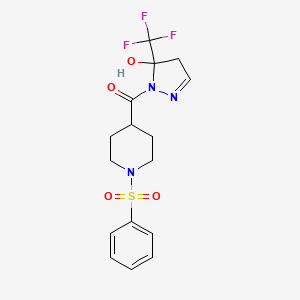 molecular formula C16H18F3N3O4S B4753837 1-{[1-(phenylsulfonyl)-4-piperidinyl]carbonyl}-5-(trifluoromethyl)-4,5-dihydro-1H-pyrazol-5-ol 