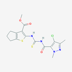 molecular formula C16H17ClN4O3S2 B4753946 methyl 2-[({[(4-chloro-1,3-dimethyl-1H-pyrazol-5-yl)carbonyl]amino}carbonothioyl)amino]-5,6-dihydro-4H-cyclopenta[b]thiophene-3-carboxylate 
