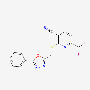 molecular formula C17H12F2N4OS B4754035 6-(difluoromethyl)-4-methyl-2-{[(5-phenyl-1,3,4-oxadiazol-2-yl)methyl]thio}nicotinonitrile 