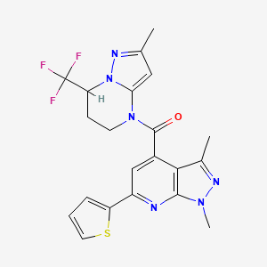 molecular formula C21H19F3N6OS B4754876 1,3-dimethyl-4-{[2-methyl-7-(trifluoromethyl)-6,7-dihydropyrazolo[1,5-a]pyrimidin-4(5H)-yl]carbonyl}-6-(2-thienyl)-1H-pyrazolo[3,4-b]pyridine 