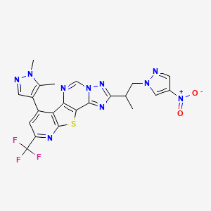 molecular formula C22H17F3N10O2S B4755277 7-(1,5-dimethyl-1H-pyrazol-4-yl)-2-[1-methyl-2-(4-nitro-1H-pyrazol-1-yl)ethyl]-9-(trifluoromethyl)pyrido[3',2':4,5]thieno[2,3-e][1,2,4]triazolo[1,5-c]pyrimidine 
