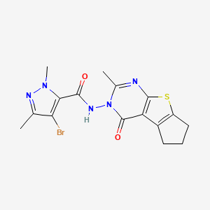 molecular formula C16H16BrN5O2S B4755554 4-bromo-1,3-dimethyl-N-(2-methyl-4-oxo-6,7-dihydro-4H-cyclopenta[4,5]thieno[2,3-d]pyrimidin-3(5H)-yl)-1H-pyrazole-5-carboxamide 