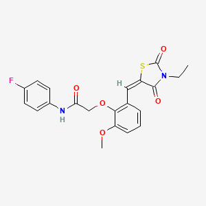 molecular formula C21H19FN2O5S B4755748 2-{2-[(3-ethyl-2,4-dioxo-1,3-thiazolidin-5-ylidene)methyl]-6-methoxyphenoxy}-N-(4-fluorophenyl)acetamide 