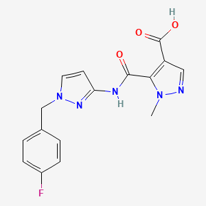 molecular formula C16H14FN5O3 B4755918 5-({[1-(4-fluorobenzyl)-1H-pyrazol-3-yl]amino}carbonyl)-1-methyl-1H-pyrazole-4-carboxylic acid 