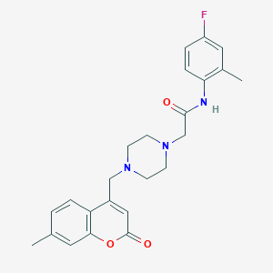 molecular formula C24H26FN3O3 B4756595 N-(4-fluoro-2-methylphenyl)-2-{4-[(7-methyl-2-oxo-2H-chromen-4-yl)methyl]-1-piperazinyl}acetamide 