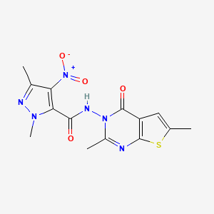 molecular formula C14H14N6O4S B4756745 N-(2,6-dimethyl-4-oxothieno[2,3-d]pyrimidin-3(4H)-yl)-1,3-dimethyl-4-nitro-1H-pyrazole-5-carboxamide 