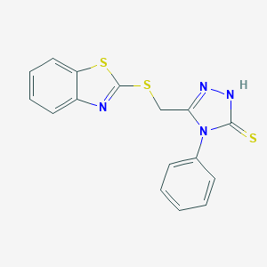 molecular formula C16H12N4S3 B047571 5-(Benzothiazol-2-ylsulfanylmethyl)-4-phenyl-4H-[1,2,4]triazole-3-thiol CAS No. 116710-50-0