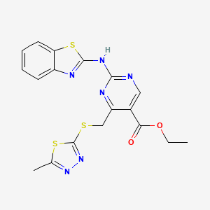 molecular formula C18H16N6O2S3 B4757104 ethyl 2-(1,3-benzothiazol-2-ylamino)-4-{[(5-methyl-1,3,4-thiadiazol-2-yl)thio]methyl}-5-pyrimidinecarboxylate 