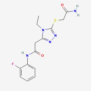 molecular formula C14H16FN5O2S B4757253 2-{5-[(2-amino-2-oxoethyl)thio]-4-ethyl-4H-1,2,4-triazol-3-yl}-N-(2-fluorophenyl)acetamide 