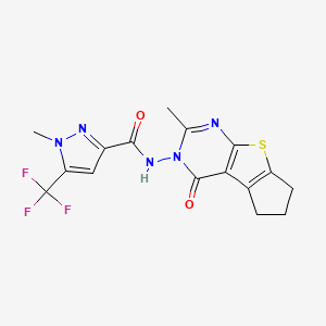 molecular formula C16H14F3N5O2S B4758173 1-methyl-N-(2-methyl-4-oxo-6,7-dihydro-4H-cyclopenta[4,5]thieno[2,3-d]pyrimidin-3(5H)-yl)-5-(trifluoromethyl)-1H-pyrazole-3-carboxamide 