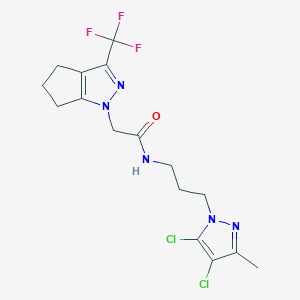molecular formula C16H18Cl2F3N5O B4758244 N-[3-(4,5-dichloro-3-methyl-1H-pyrazol-1-yl)propyl]-2-[3-(trifluoromethyl)-5,6-dihydrocyclopenta[c]pyrazol-1(4H)-yl]acetamide 