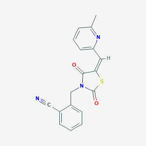 molecular formula C18H13N3O2S B475906 2-({5-[(6-Methyl-2-pyridinyl)methylene]-2,4-dioxo-1,3-thiazolidin-3-yl}methyl)benzonitrile CAS No. 592548-27-1