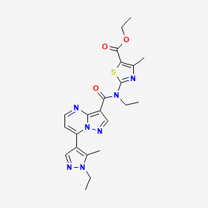 molecular formula C22H25N7O3S B4760006 ethyl 2-(ethyl{[7-(1-ethyl-5-methyl-1H-pyrazol-4-yl)pyrazolo[1,5-a]pyrimidin-3-yl]carbonyl}amino)-4-methyl-1,3-thiazole-5-carboxylate 