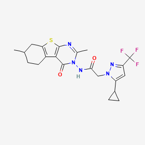 molecular formula C21H22F3N5O2S B4760033 2-[5-cyclopropyl-3-(trifluoromethyl)-1H-pyrazol-1-yl]-N-(2,7-dimethyl-4-oxo-5,6,7,8-tetrahydro[1]benzothieno[2,3-d]pyrimidin-3(4H)-yl)acetamide 