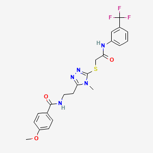 molecular formula C22H22F3N5O3S B4760401 4-methoxy-N-(2-{4-methyl-5-[(2-oxo-2-{[3-(trifluoromethyl)phenyl]amino}ethyl)thio]-4H-1,2,4-triazol-3-yl}ethyl)benzamide 