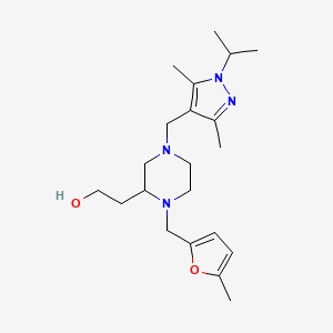 molecular formula C21H34N4O2 B4760606 2-{4-[(1-isopropyl-3,5-dimethyl-1H-pyrazol-4-yl)methyl]-1-[(5-methyl-2-furyl)methyl]-2-piperazinyl}ethanol 