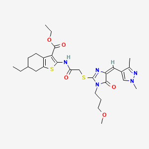 molecular formula C28H37N5O5S2 B4761835 ethyl 2-[({[4-[(1,3-dimethyl-1H-pyrazol-4-yl)methylene]-1-(3-methoxypropyl)-5-oxo-4,5-dihydro-1H-imidazol-2-yl]thio}acetyl)amino]-6-ethyl-4,5,6,7-tetrahydro-1-benzothiophene-3-carboxylate 