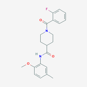 molecular formula C21H23FN2O3 B4762628 1-(2-fluorobenzoyl)-N-(2-methoxy-5-methylphenyl)-4-piperidinecarboxamide 