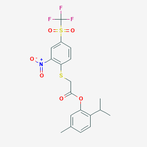 molecular formula C19H18F3NO6S2 B4762934 2-isopropyl-5-methylphenyl ({2-nitro-4-[(trifluoromethyl)sulfonyl]phenyl}thio)acetate 