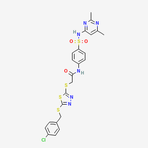 molecular formula C23H21ClN6O3S4 B4762995 2-({5-[(4-chlorobenzyl)thio]-1,3,4-thiadiazol-2-yl}thio)-N-(4-{[(2,6-dimethyl-4-pyrimidinyl)amino]sulfonyl}phenyl)acetamide 