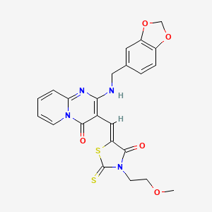 molecular formula C23H20N4O5S2 B4763094 2-[(1,3-benzodioxol-5-ylmethyl)amino]-3-{[3-(2-methoxyethyl)-4-oxo-2-thioxo-1,3-thiazolidin-5-ylidene]methyl}-4H-pyrido[1,2-a]pyrimidin-4-one 