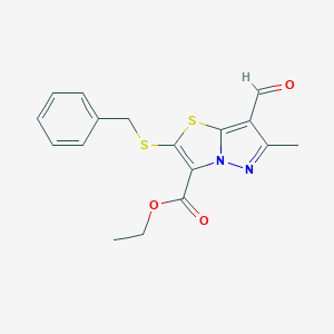 molecular formula C17H16N2O3S2 B476329 2-(苄基硫代)-7-甲酰基-6-甲基吡唑并[5,1-b][1,3]噻唑-3-羧酸乙酯 CAS No. 263553-82-8