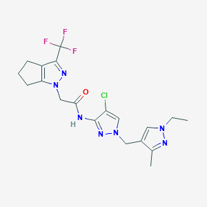 molecular formula C19H21ClF3N7O B4763485 N-{4-chloro-1-[(1-ethyl-3-methyl-1H-pyrazol-4-yl)methyl]-1H-pyrazol-3-yl}-2-[3-(trifluoromethyl)-5,6-dihydrocyclopenta[c]pyrazol-1(4H)-yl]acetamide 