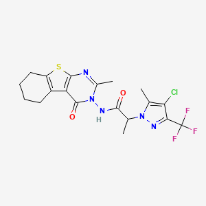 molecular formula C19H19ClF3N5O2S B4763776 2-[4-chloro-5-methyl-3-(trifluoromethyl)-1H-pyrazol-1-yl]-N-(2-methyl-4-oxo-5,6,7,8-tetrahydro[1]benzothieno[2,3-d]pyrimidin-3(4H)-yl)propanamide 