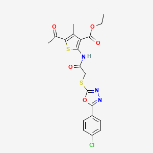 molecular formula C20H18ClN3O5S2 B4764206 ethyl 5-acetyl-2-[({[5-(4-chlorophenyl)-1,3,4-oxadiazol-2-yl]thio}acetyl)amino]-4-methyl-3-thiophenecarboxylate 