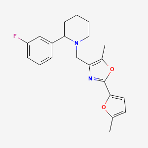 molecular formula C21H23FN2O2 B4764917 2-(3-fluorophenyl)-1-{[5-methyl-2-(5-methyl-2-furyl)-1,3-oxazol-4-yl]methyl}piperidine 