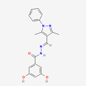 molecular formula C19H18N4O3 B4764921 N'-[(3,5-dimethyl-1-phenyl-1H-pyrazol-4-yl)methylene]-3,5-dihydroxybenzohydrazide 
