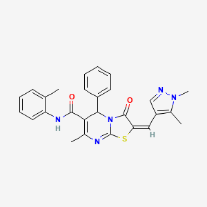 molecular formula C27H25N5O2S B4765072 2-[(1,5-dimethyl-1H-pyrazol-4-yl)methylene]-7-methyl-N-(2-methylphenyl)-3-oxo-5-phenyl-2,3-dihydro-5H-[1,3]thiazolo[3,2-a]pyrimidine-6-carboxamide 