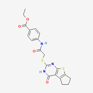molecular formula C20H19N3O4S2 B4765105 ethyl 4-({[(4-oxo-3,5,6,7-tetrahydro-4H-cyclopenta[4,5]thieno[2,3-d]pyrimidin-2-yl)thio]acetyl}amino)benzoate 