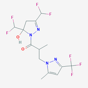 molecular formula C14H15F7N4O2 B4765115 3,5-bis(difluoromethyl)-1-{2-methyl-3-[5-methyl-3-(trifluoromethyl)-1H-pyrazol-1-yl]propanoyl}-4,5-dihydro-1H-pyrazol-5-ol 