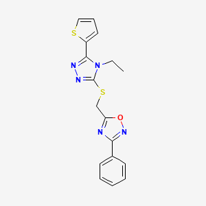 molecular formula C17H15N5OS2 B4765134 5-({[4-ethyl-5-(2-thienyl)-4H-1,2,4-triazol-3-yl]thio}methyl)-3-phenyl-1,2,4-oxadiazole 