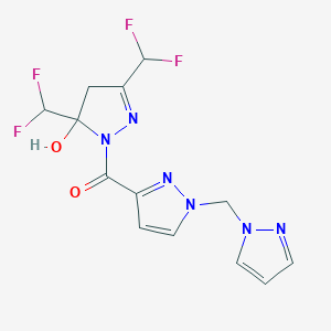 molecular formula C13H12F4N6O2 B4765268 3,5-bis(difluoromethyl)-1-{[1-(1H-pyrazol-1-ylmethyl)-1H-pyrazol-3-yl]carbonyl}-4,5-dihydro-1H-pyrazol-5-ol 