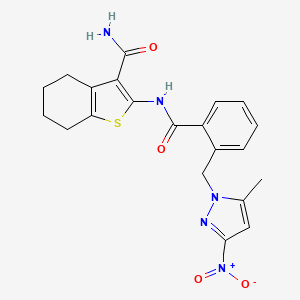 molecular formula C21H21N5O4S B4765960 2-({2-[(5-methyl-3-nitro-1H-pyrazol-1-yl)methyl]benzoyl}amino)-4,5,6,7-tetrahydro-1-benzothiophene-3-carboxamide 