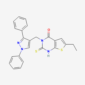 molecular formula C24H20N4OS2 B4766184 3-[(1,3-diphenyl-1H-pyrazol-4-yl)methyl]-6-ethyl-2-mercaptothieno[2,3-d]pyrimidin-4(3H)-one 