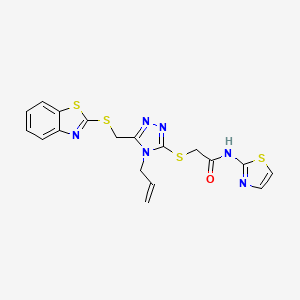 molecular formula C18H16N6OS4 B4766193 2-({4-allyl-5-[(1,3-benzothiazol-2-ylthio)methyl]-4H-1,2,4-triazol-3-yl}thio)-N-1,3-thiazol-2-ylacetamide 